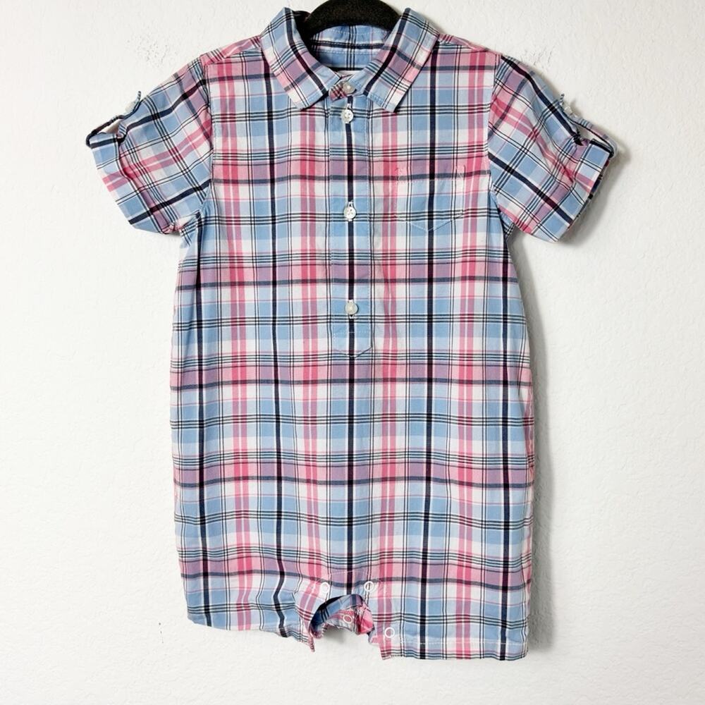 JANIE AND JACK 12-18 MONTHS PLAID ROMPER BUTTON FRONTBLUE PINK WHITE 100% COTTON